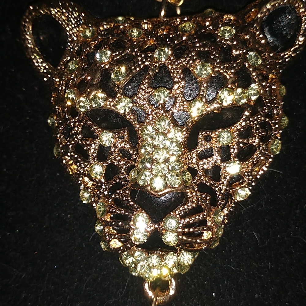 Black & Goldtone Leopard Cheetah with White Crystals Pendant Necklace - Picture 2 of 7